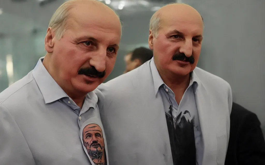 Prompt: famous photo of alexander lukashenko with torso covered with criminal tattoo photo by journalists high quality face