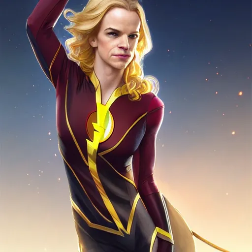 Prompt: Danielle Panabaker with blonde hair as Kid Flash, western, D&D, fantasy, intricate, elegant, highly detailed, digital painting, artstation, concept art, matte, sharp focus, illustration, art by Artgerm and Greg Rutkowski and Alphonse Mucha