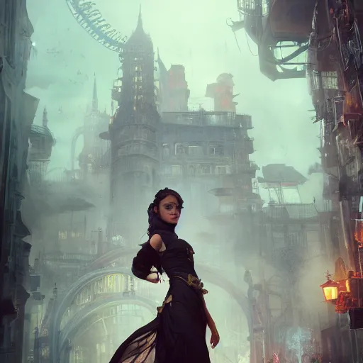 Image similar to a photograph of an attractive women in a steampunk city by greg rutkowski, sung choi, mitchell mohrhauser, maciej kuciara, johnson ting, maxim verehin, peter konig, 8 k photorealistic, cinematic lighting, hd, high details, dramatic, dark atmosphere, trending on artstation