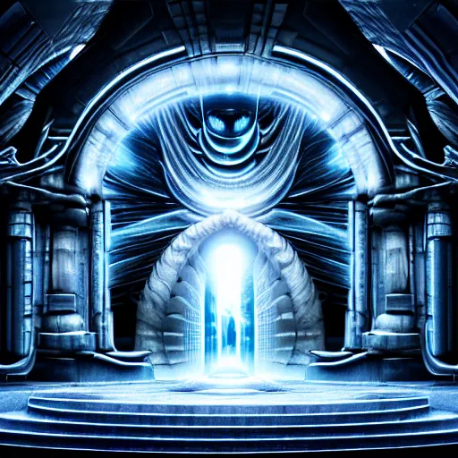 Image similar to majestic portal to another dimension, with turbulent image of different time space reality, divine lighting, ethereal, sci fi, high detail, intricate, giger, photo realistic, 8 k