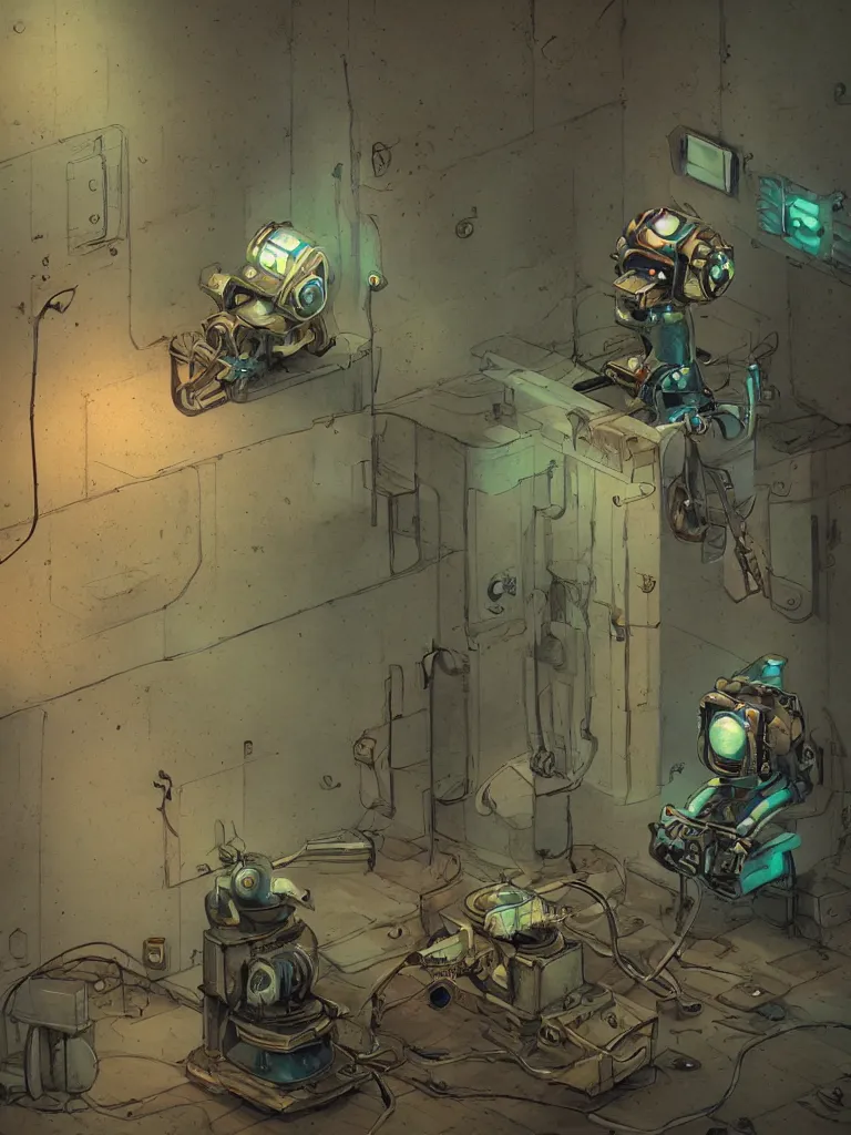 Prompt: insight in an empty room with a singular old mechanical empatic robot sitting lonely and sad in the corner, wide angle photography, cinematic, dim light, small spot light on robot, small depth of field, fresh colors, Esao Andrews, sharp focus, fresh colors, deviantart, conceptart