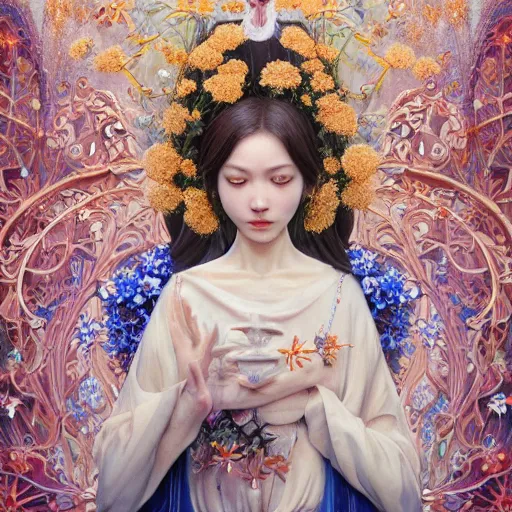 Image similar to breathtaking detailed concept art painting of the goddess of nemophila flowers, orthodox saint, with anxious, piercing eyes, ornate background, amalgamation of leaves and flowers, by Hsiao-Ron Cheng, James jean, Miho Hirano, Hayao Miyazaki, extremely moody lighting, 8K