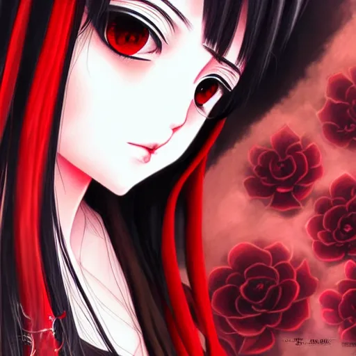 Image similar to beautiful seductive female spirit, sleeping, highly detailed, painting, dark red and black color palette, intricate, high quality anime artstyle, in the style of sana takeda