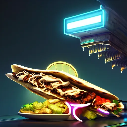 Prompt: ultradetailed still - life shawarma insanely detailed, octane render, cgsociety cyberpunk, neon, vaporwave sci - fi, futuristic, amazing space creature 4 k, 8 k, hyper realism scary, alluring, coveted alive