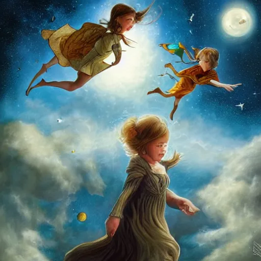 Image similar to realistic detailed children flying through the stars by emilia dziubak, will terry, greg olsen, chris mars, ann long, and mark brooks, dramatic, fairytale, art nouveau, victorian, neo - gothic, gothic, character concept design, storybook design