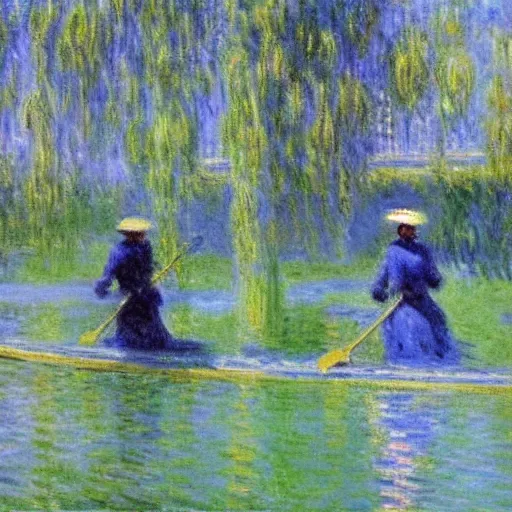 Prompt: An art gallery displaying Monet paintings. The art gallery is flooded. Robots are going around the art gallery using paddle boards