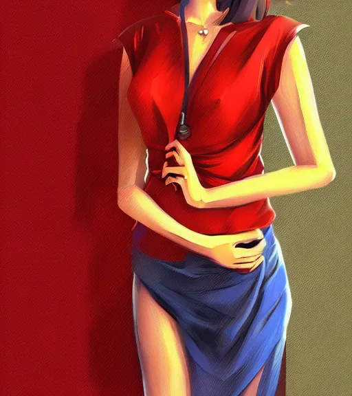 Image similar to a woman wearing a golden dress and a red shirt, anime art, digital painting, hd, stunning, tran ross