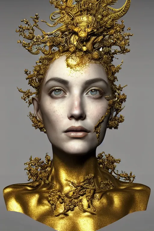 Prompt: A portrait of a surreal goddess With white flowers around it,, ((Gold fluid simulation in the background)), perfectly proportioned face, ultra super good realistic 3D render by Pete Morbacher and Emil Melmoth, insanely detailed, trending on artstation