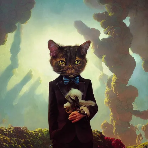 Image similar to face head eyes fuzzy ears kitty cat tabby international spy 007 wearing a nanotech tuxedo concealing a sword jordan grimmer maxfield parrish cristi balanescu ross tran christophe young dug stanat jakub rebelka oil painting impasto