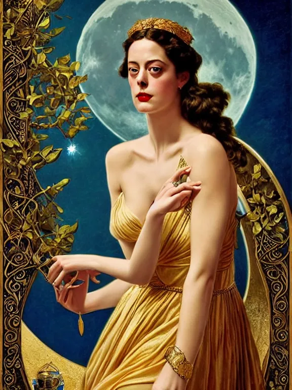 Image similar to kaya scodelario as the magic Greek goddess Circe, a beautiful art nouveau portrait by Gil elvgren, moonlit Mediterranean environment, centered composition, defined features, golden ratio, intricate gold jewlery