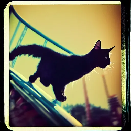 Prompt: black cat on a rollercoaster. the cat is enjoying the ride. sunlight. polaroid photo. saturated colors.