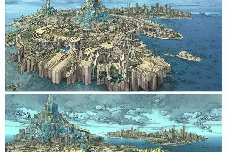 Image similar to a metropolis built on a island floating above the sea in the sky, waterfalls fall from the island into the sea, by moebius, colorful, highly - detailed, concept art