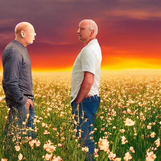 Image similar to a man is white and balding, and middle aged, and the other man is latino and skinny, together in a field of flowers at sunset, realistic, intricate, 4k