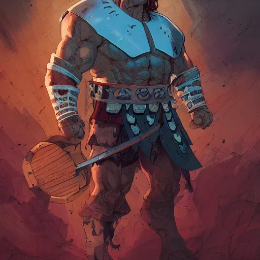 Image similar to cell shaded cartoon, a portrait of a fully armored conan the barbarian, illustration, wide shot, subtle colors, concept art by josan gonzales and wlop, laurie greasley, jordan grimmer and james jean, highly detailed, sharp focus, trending on artstation, hq, deviantart, art by artgem