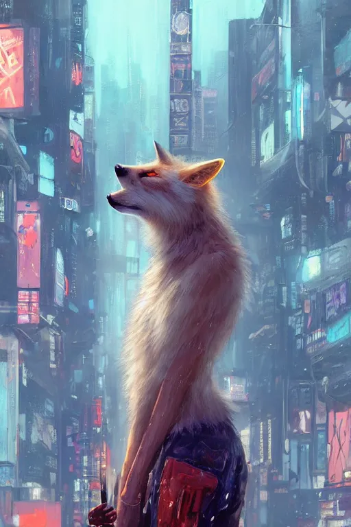 Image similar to beautiful portrait of a tall white female anthro fox smoking a cigarette towering head and shoulders above the bustling crowd of a rainy city street around her, cyberpunk clothes, cyberpunk, harsh neon lights, highly detailed, sharp focus, digital painting, illustration, trending on artstation, art by sakimichan, wlop, greg rutkowski