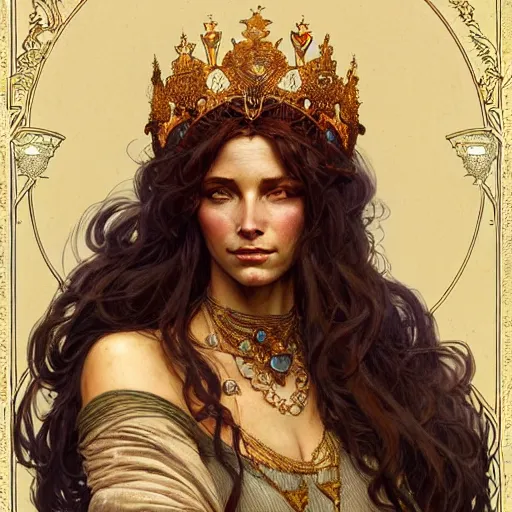 Image similar to highly detailed portrait of a majestic lioness queen as a beautiful woman. d & d, art by anton pieck and greg rutkowski and alphonse mucha and magali villeneuve. trending on artstation, intricate details, energetic composition, golden ratio, concept art, illustration, elegant art