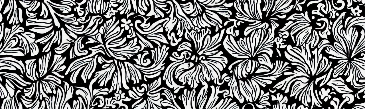 Prompt: Elaborate floral print of Clouds and bugs in the style of Matisse, high contrast finely carved woodcut black and white crisp edges