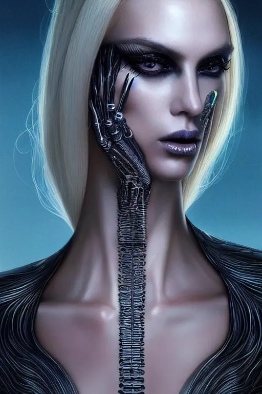 Image similar to Supermodel woman turning into an Android portrait, dark surrealism , scifi, intricate design, elegant, sharp black eyebrows, ornate long flowing platinum neon blonde hair and small black streaks, highly detailed cybernetic body, glowing eyes, digital painting, artstation, concept art, smooth, sharp focus, illustration, art by Artgerm and moebius and Peter Mohrbacher