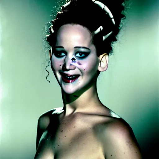 Image similar to jennifer lawrence as the bride of frankenstein, color photography, sharp detail, clever smile, still from the movie van helsing