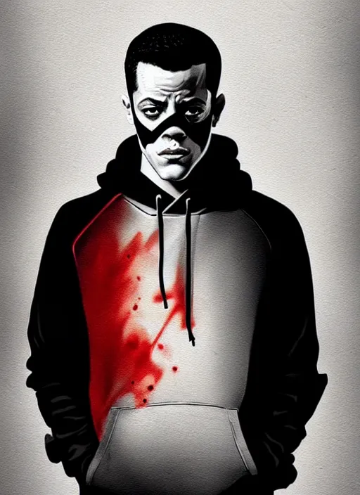 Image similar to highly detailed moody portrait of rami malek, elliot anderson, black hoody by atey ghailan, by greg rutkowski, by greg tocchini, by james gilleard, by joe fenton, by kaethe butcher, gradient red, black and white color scheme, grunge aesthetic!!! ( ( graffiti tag wall background, f society mask ) )