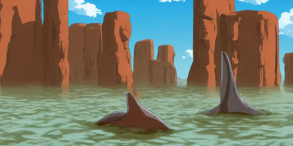 Prompt: a realistic cell - shaded studio ghibli concept art from paprika ( 2 0 0 6 ) of a tan dolphin from close encounters of the third kind ( 1 9 7 7 ) in a flooded monument valley stonehenge. very dull colors, wide shot, hd, 4 k, hq