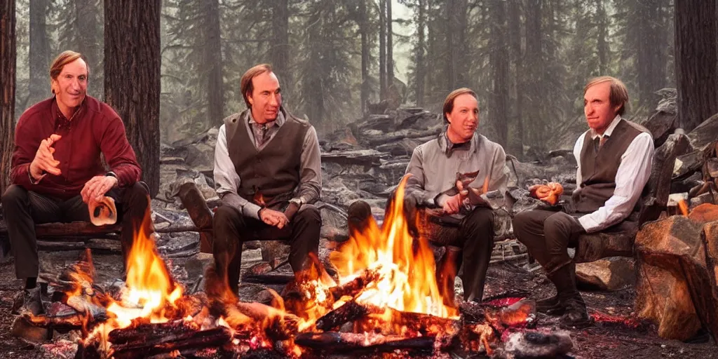 Image similar to high quality photograph of saul goodman sitting near a campfire in ice age with an ancient tribe