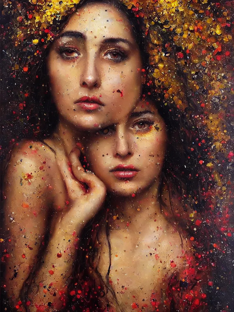 Prompt: “gorgeous elegant splatterpunk portrait of a stunning Armenian woman by Mark Arian, oil on canvas, masterpiece, realism, piercing gaze, autumn bokeh”