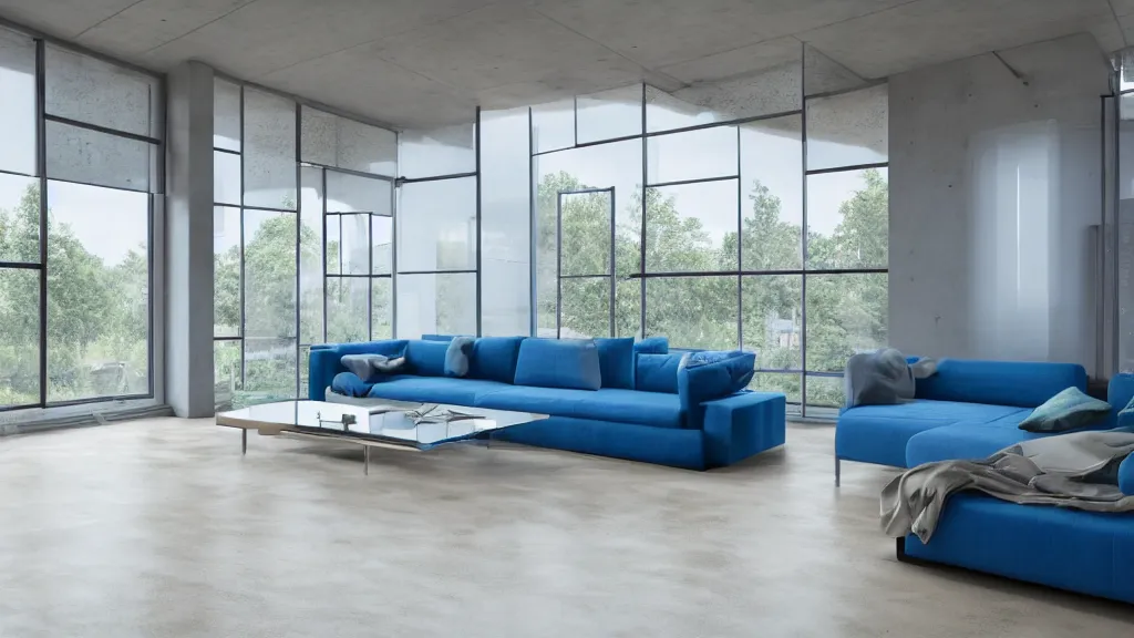 Prompt: hyper realistic image of a living room with a sofa in the middle and large window behind, blue oxide flooring, concrete, glass, wood