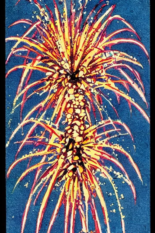 Prompt: anatomical illustration of fireworks, 1920s art deco, by Telemaco Signorini, vintage postcard, a vintage anime 70s comic book watercolor