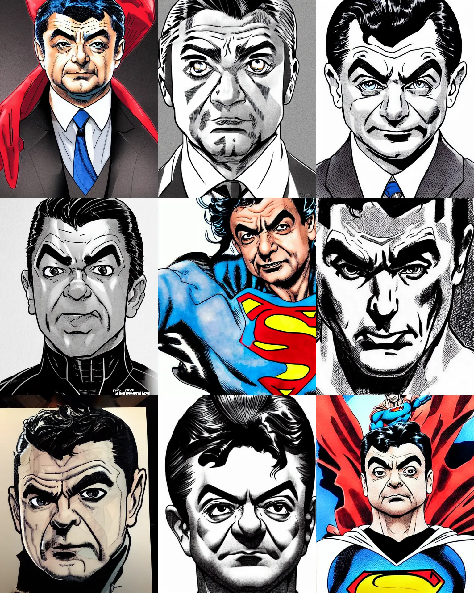 Prompt: rowan atkinson!!! jim lee!!! flat ink sketch by jim lee face close up headshot superman costume in the style of jim lee, x - men superhero comic book character by jim lee