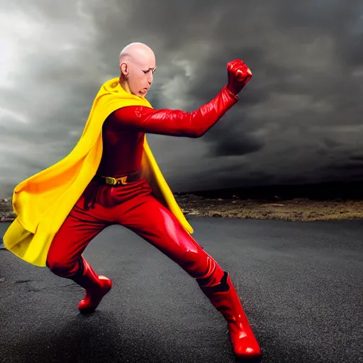 Image similar to One Punch man, action photograph, charging up a red fiery punch, bald man, serious face , long flowing cape, yellow jumpsuit