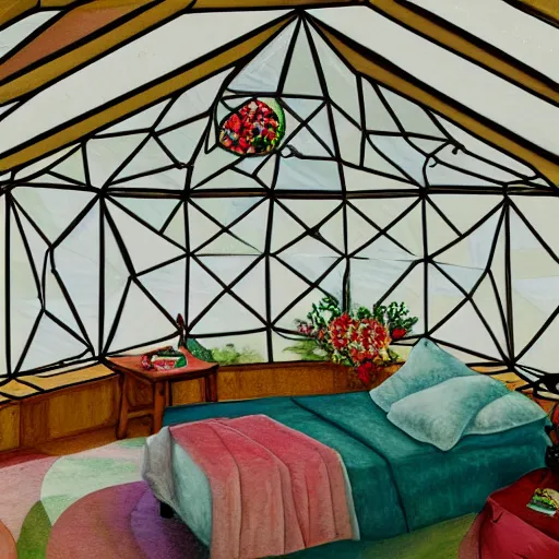 Image similar to interior of cozy queer geodesic dome bedroom with flowers, iridescent windows, hyperrealistic fine art gouache painting