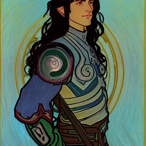 Image similar to painting of handsome beautiful paladin elf! man with long wavy dark hair in his 2 0 s named shadow taehyung at the blueberry party, wearing armor!, elegant, clear, painting, stylized, delicate, soft facial features, art, art by alphonse mucha, vincent van gogh, egon schiele,