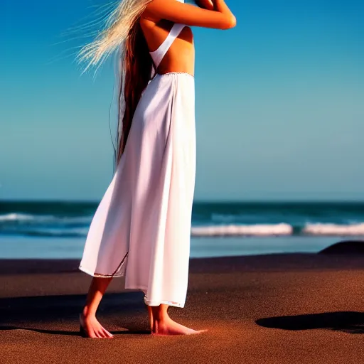 Prompt: a woman standing at the beach with long blonde hair, straight hair, white clothes, standing next to a woman with long dark brown hair wearing red clothes, professional, photograph, highly detailed, beautiful face, elegant, 4k, photorealistic, dramatic lighting, trending on social media,