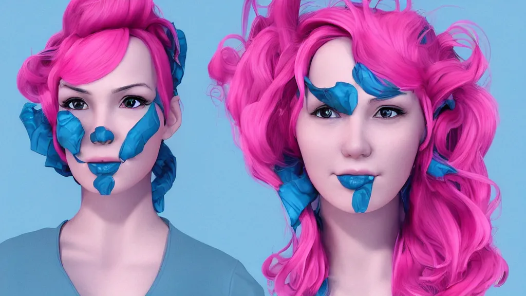 Prompt: beautiful woman with her hair in large pink hair rollers and blue face mask trending on artstation, 8 k