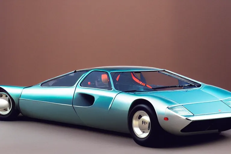 Image similar to designed by Giorgetto Giugiaro stylized poser of a single 1973 Citroen DM Miura ((McLaren F1)) DeLorean, thick neon lights, ektachrome photograph, volumetric lighting, f8 aperture, cinematic Eastman 5384 film