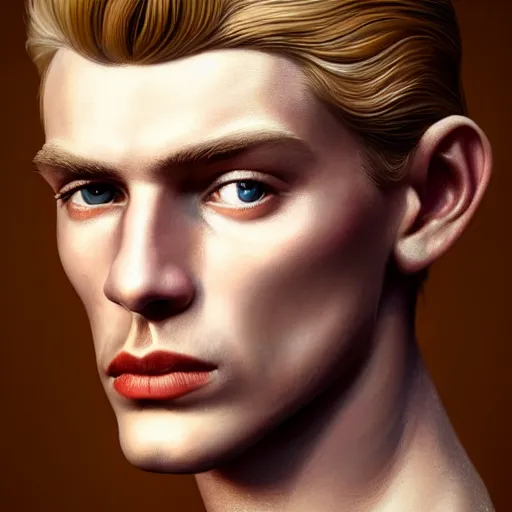 Prompt: A Hearts of Iron IV portrait of a blond young German actor with high cheekbones. Good bone structure. Dressed in 1940s style. Highly detailed, fine Art, high detail, great lighting, 8k resolution, masterpiece, concept art, illustration, clear eyes, painting oil on canvas, octane render, HDR, trending on artstation, 4k, 8k, HD