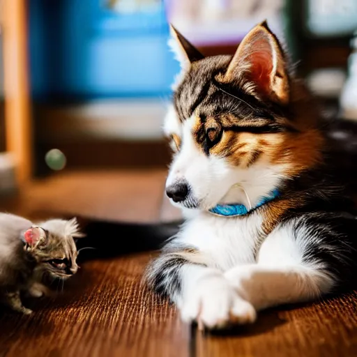 Image similar to dog and kitten hybrid inside a japanese thrift store, cinematic light, warm colours, atmospheric, bokeh, 8 k photography