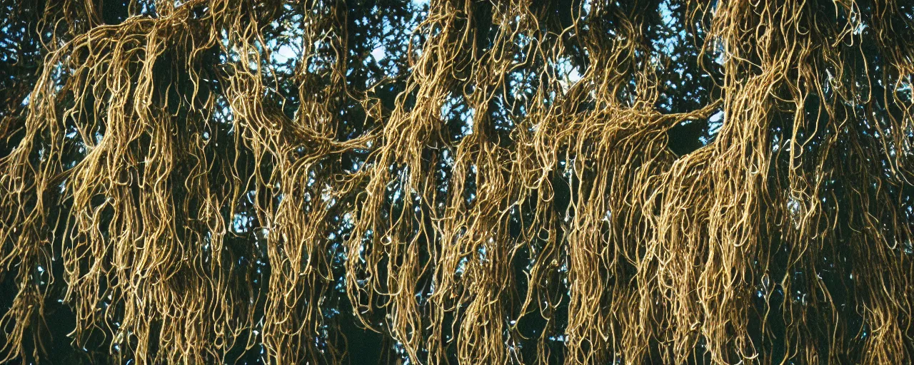 Image similar to medium angle photo of spaghetti growing on a tree, canon 5 0 mm, cinematic lighting, photography, film, retro, kodachrome