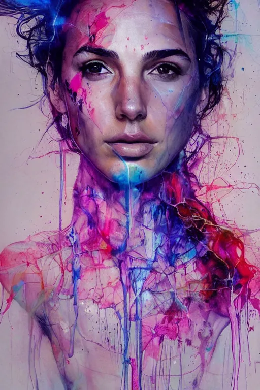 Image similar to gal gadot by agnes cecile enki bilal moebius, intricated details, 3 / 4 back view, full body portrait, extremely luminous bright design, pastel colours, drips, autumn lights