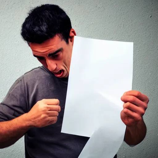 Image similar to man taking a bite out of an a 4 piece of paper