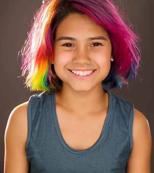 Image similar to a professional portrait of a 1 7 year old hispanic filipina girl with a sporty flair, mahogany eyes, dyed rainbow hair in a pixie cut, a blue tank top, a confident smile, small stature, athletic, warm brown eyes