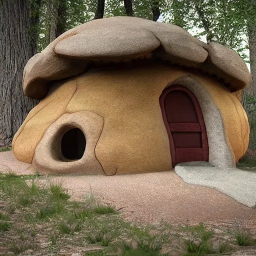 Prompt: the flintstone's house in the real world, photorealistic