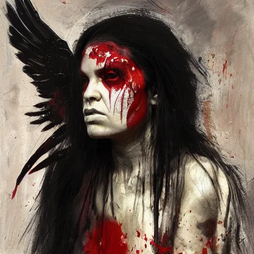 Prompt: portrait of the death angel, beautiful female face, angelic, dark, blood, by jeremy mann, by lucian freud, god rays, female indigenous warrior, warrior face painting red, wings, holding a weapon