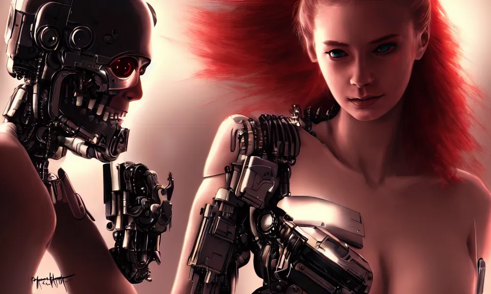 Image similar to a beautiful young girl with a cyborg body Fight with terminator, fine details, cyberpunk, realistic shaded Perfect face ,featured in cinematic, elegant, highly detailed,artstation,illustration, 8k