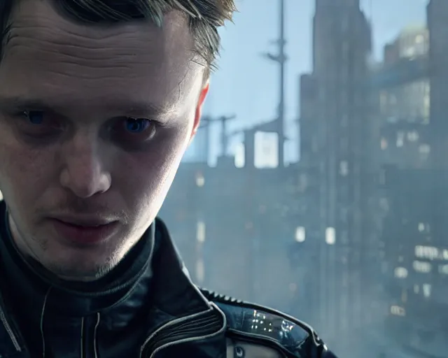 Image similar to highly detailed portrait of michael pitt as an evil android, in detroit : become human, stephen bliss, unreal engine, fantasy art by greg rutkowski, loish, rhads, ferdinand knab, makoto shinkai and lois van baarle, ilya kuvshinov, rossdraws, tom bagshaw, global illumination, radiant light, detailed and intricate environment