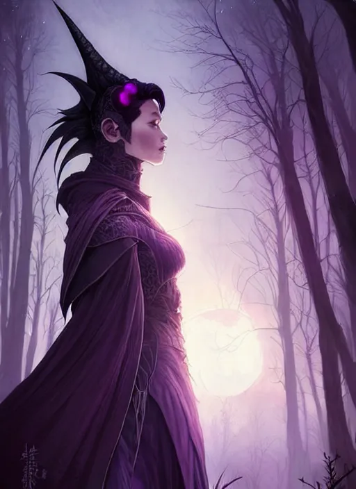 Prompt: moon in the background, side portrait dark witch, adventurer outfit large cloak, fantasy forest landscape, dragon scales, fantasy magic, undercut hairstyle, short purple black fade hair, dark light night, intricate, elegant, sharp focus, illustration, highly detailed, digital painting, concept art, matte, art by WLOP and Artgerm and Greg Rutkowski and Alphonse Mucha, masterpiece