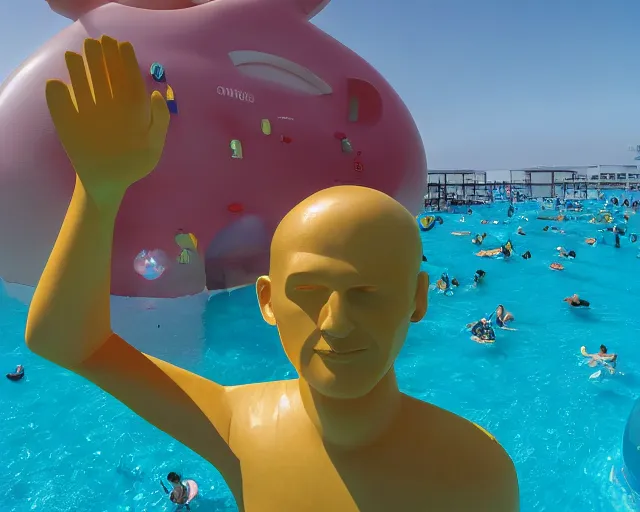 Image similar to a long shot of a giant award winning sculpture made out of a lot of inflatable pool toys in the shape of a human head, on the surface of the ocean, in the style of chad knight, hyper detailed, hyper realistic, ray tracing, 8 k resolution, sharp focus, realistic water