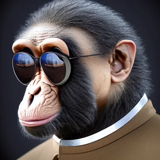 Image similar to Portrait of chimpanzee general wearing mirrorshades and a futuristic leather uniform, photorealistic, highly detailed, cinematic lighting, volumetric lighting