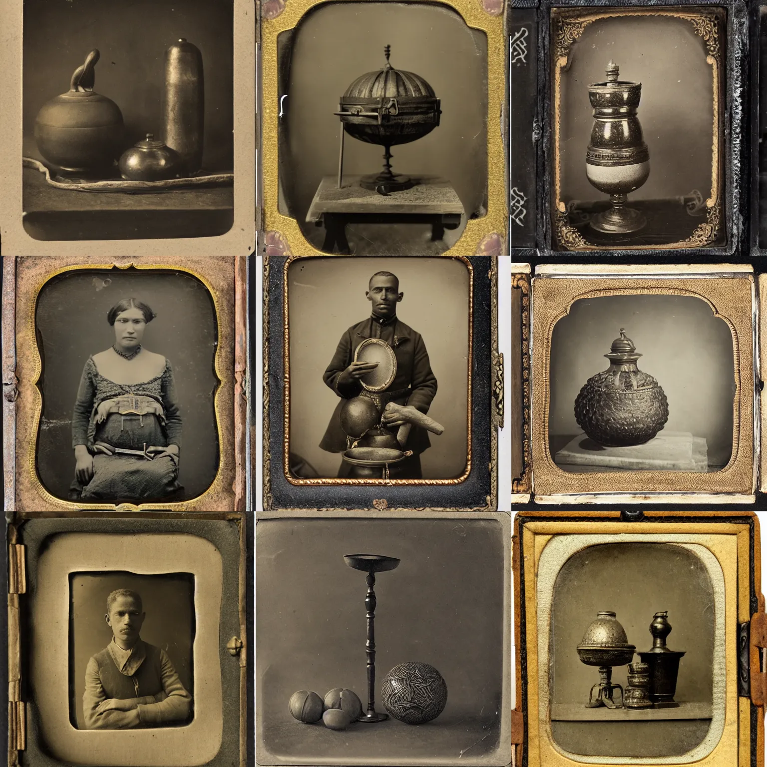 Prompt: Tintype photograph of exotic objects. object, ethnographic, museum, 1920s studio lighting.